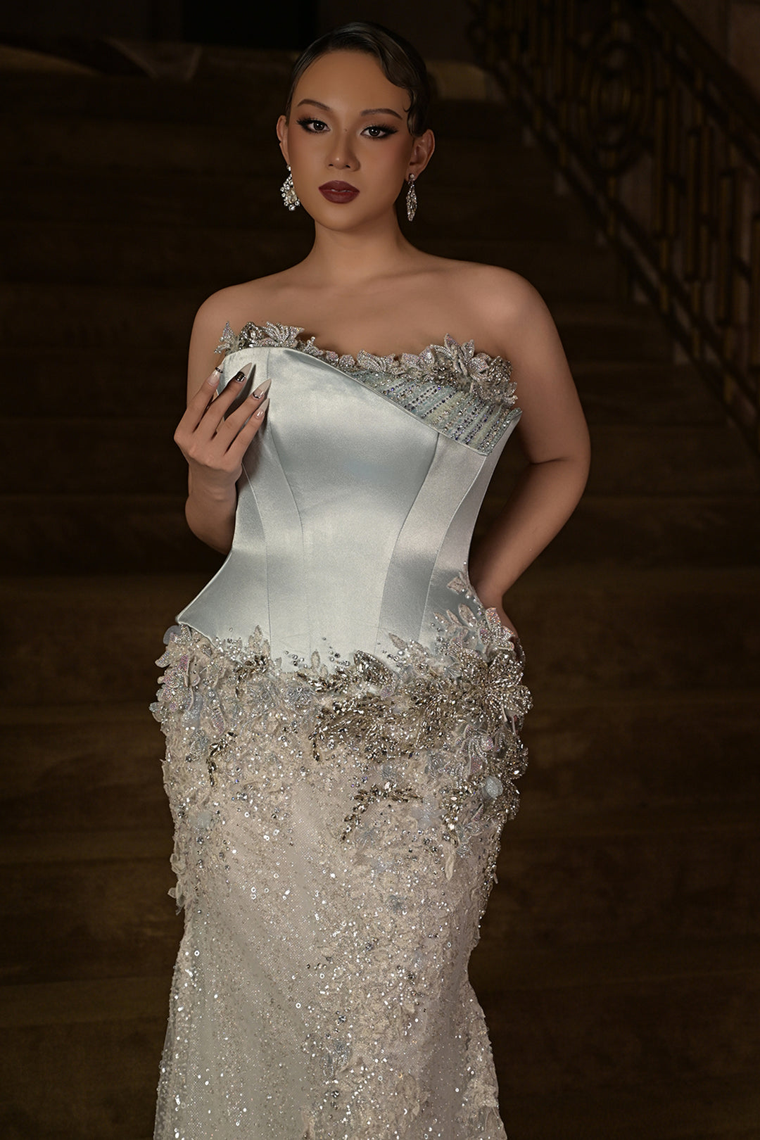 Satin with Sequin Long Dress and Cape