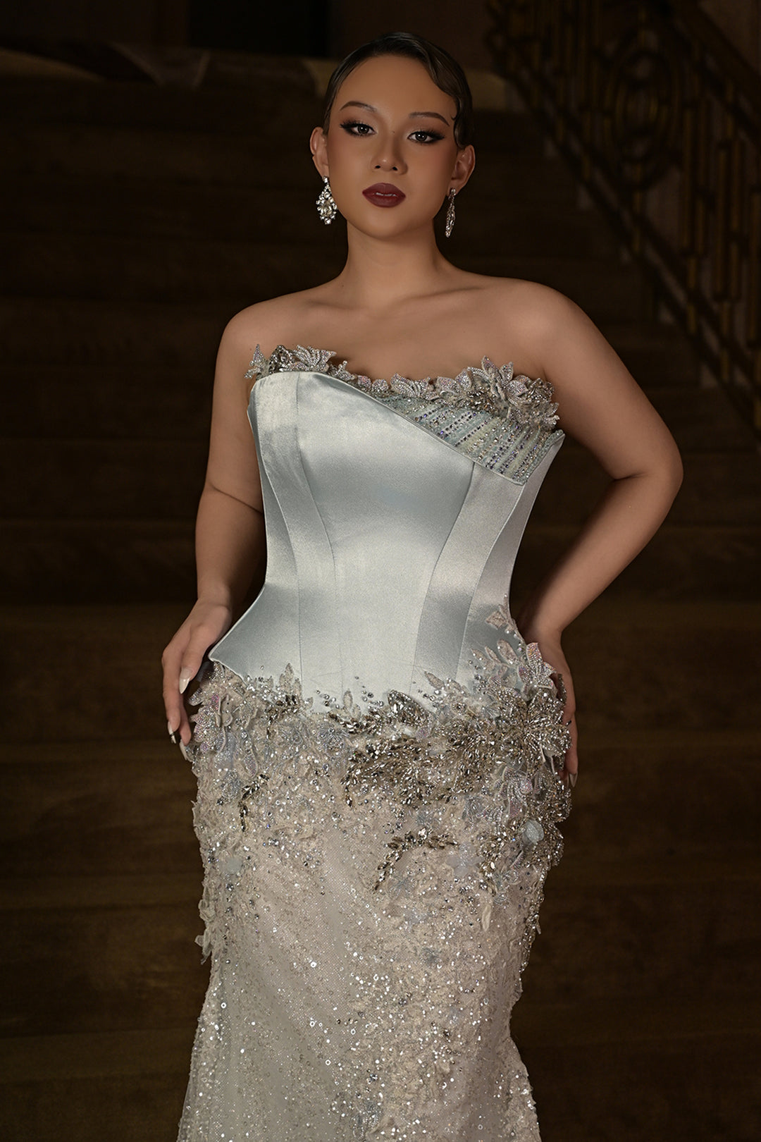 Satin with Sequin Long Dress and Cape