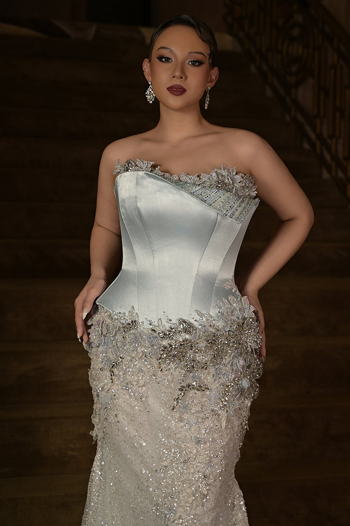 Satin with Sequin Long Dress and Cape