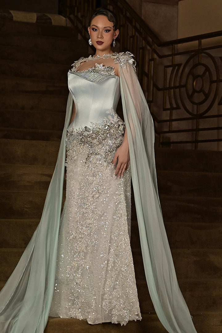 Satin with Sequin Long Dress and Cape