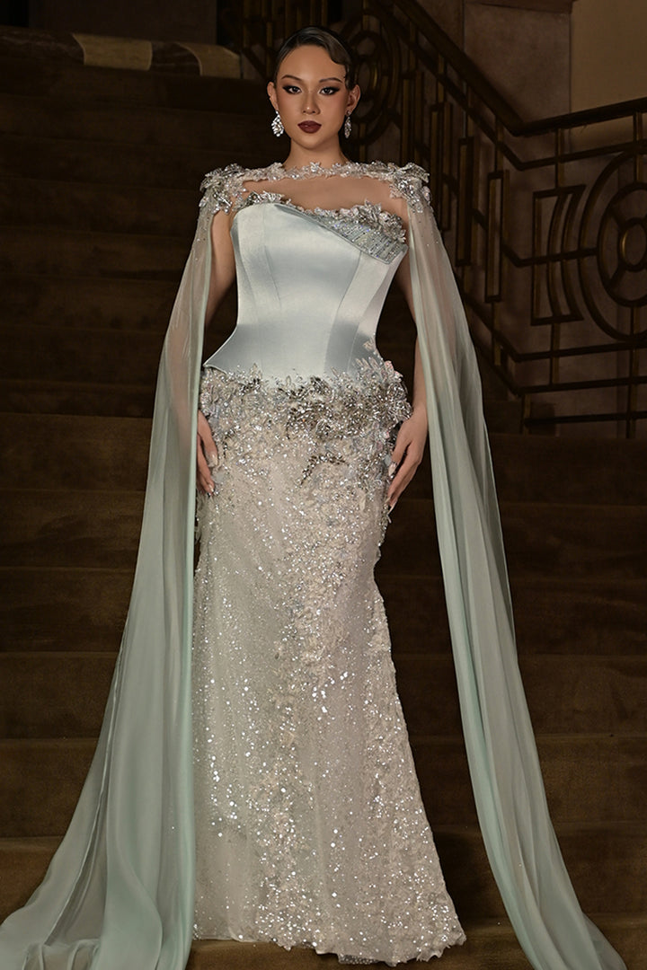 Satin with Sequin Long Dress and Cape