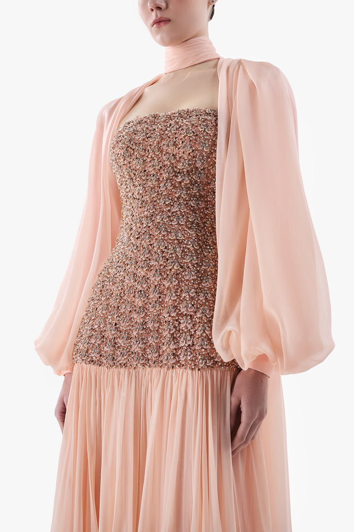 Embellished Strapless Gown with Chiffon Cape