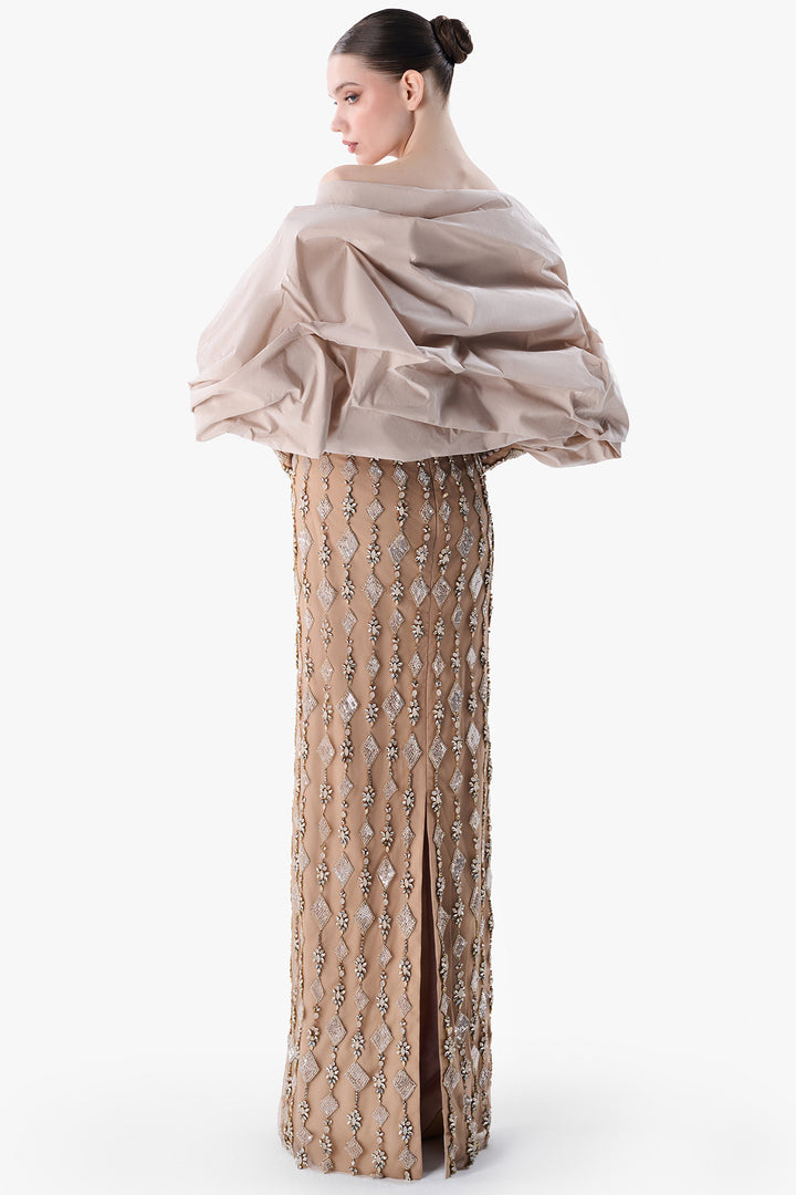 Embroidered Strapless Gown with Taffeta Bolero