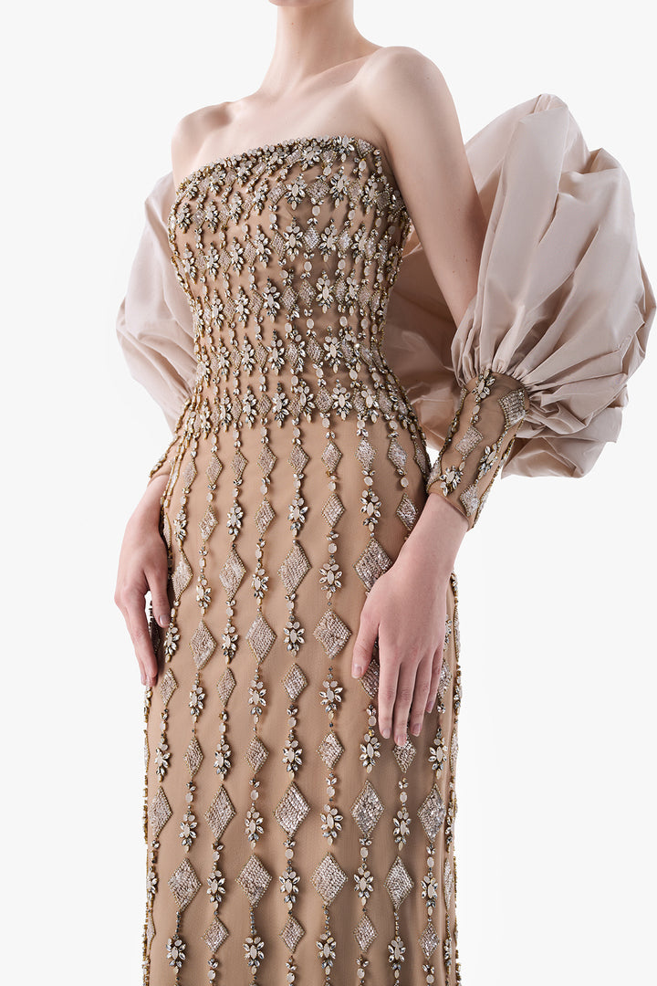 Embroidered Strapless Gown with Taffeta Bolero
