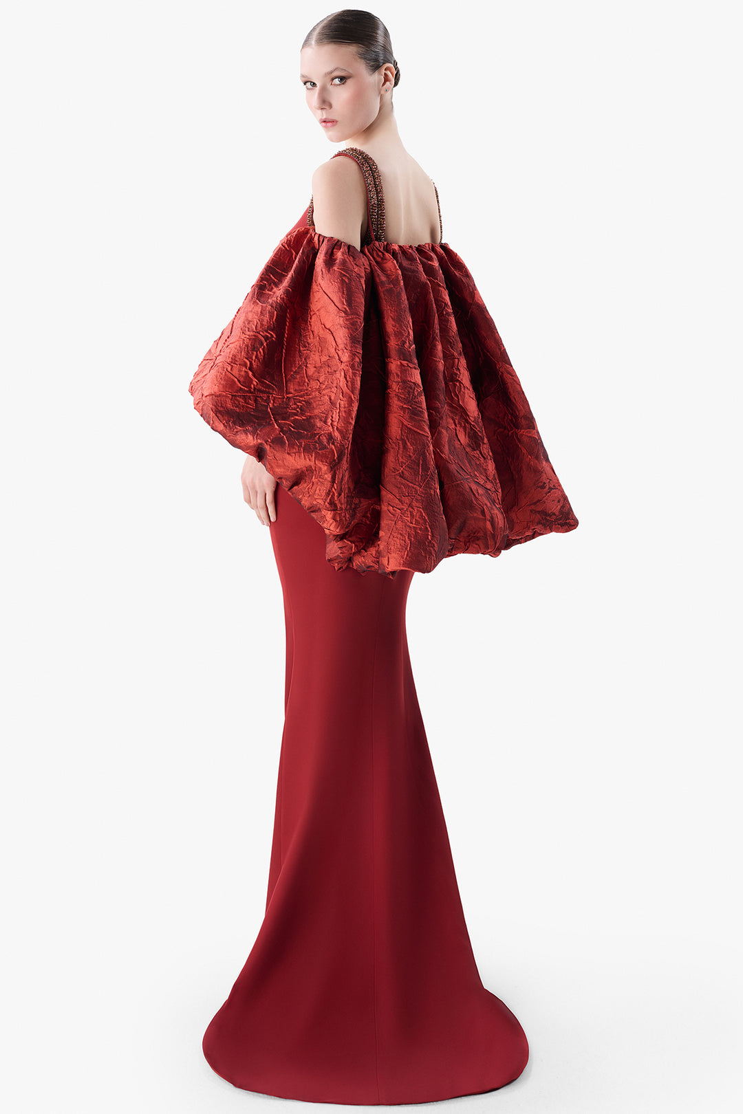 Beaded Column Gown with Jacquard Sleeves