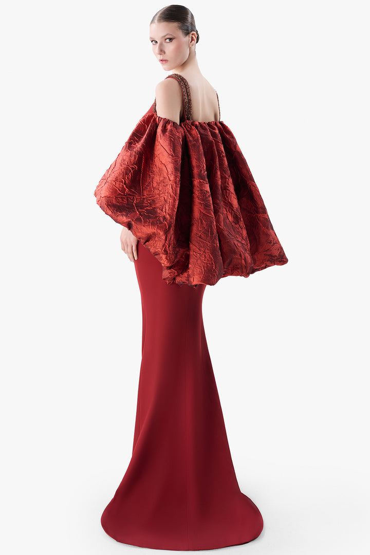 Beaded Column Gown with Jacquard Sleeves