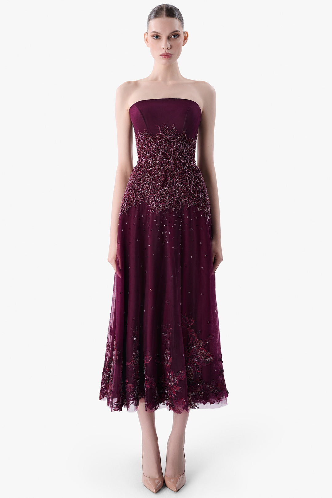 Strapless Tulle Dress with Guipure Embroidery