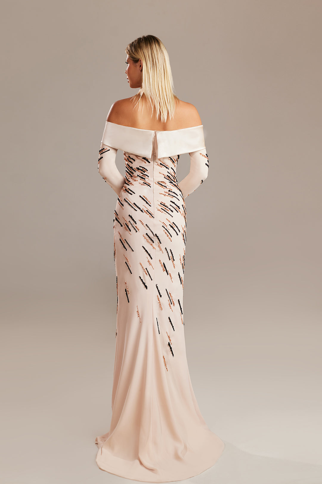 Off-The-Shoulder Neckline Beaded Column Dress
