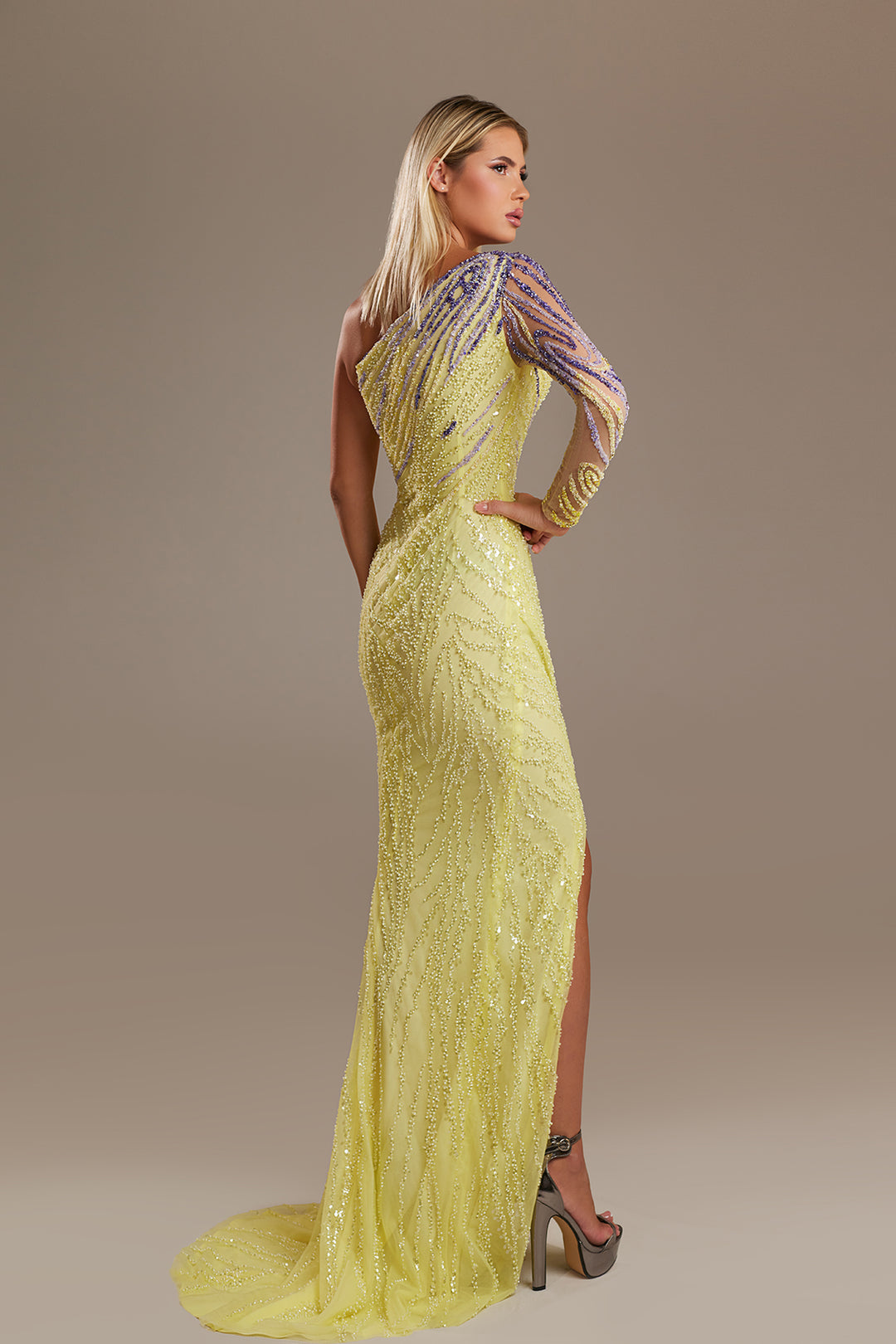 yellow one shoulder long sleeve dress Column Floor Length Long Sleeve One Shoulder Wedding Guest Dresses Stretch Chiffon With Ruched, As Pic