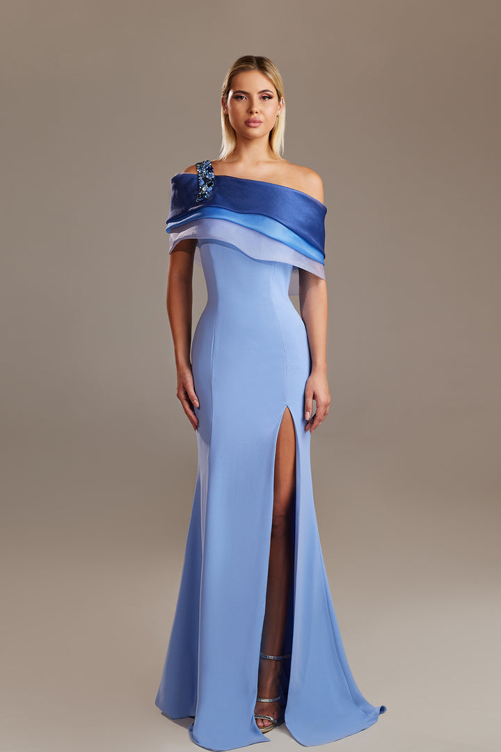 Off-The-Shoulder Neckline Capeed Column Dress