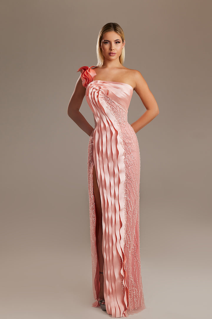 Off-The-Shoulder Column with Central Pleat Panel