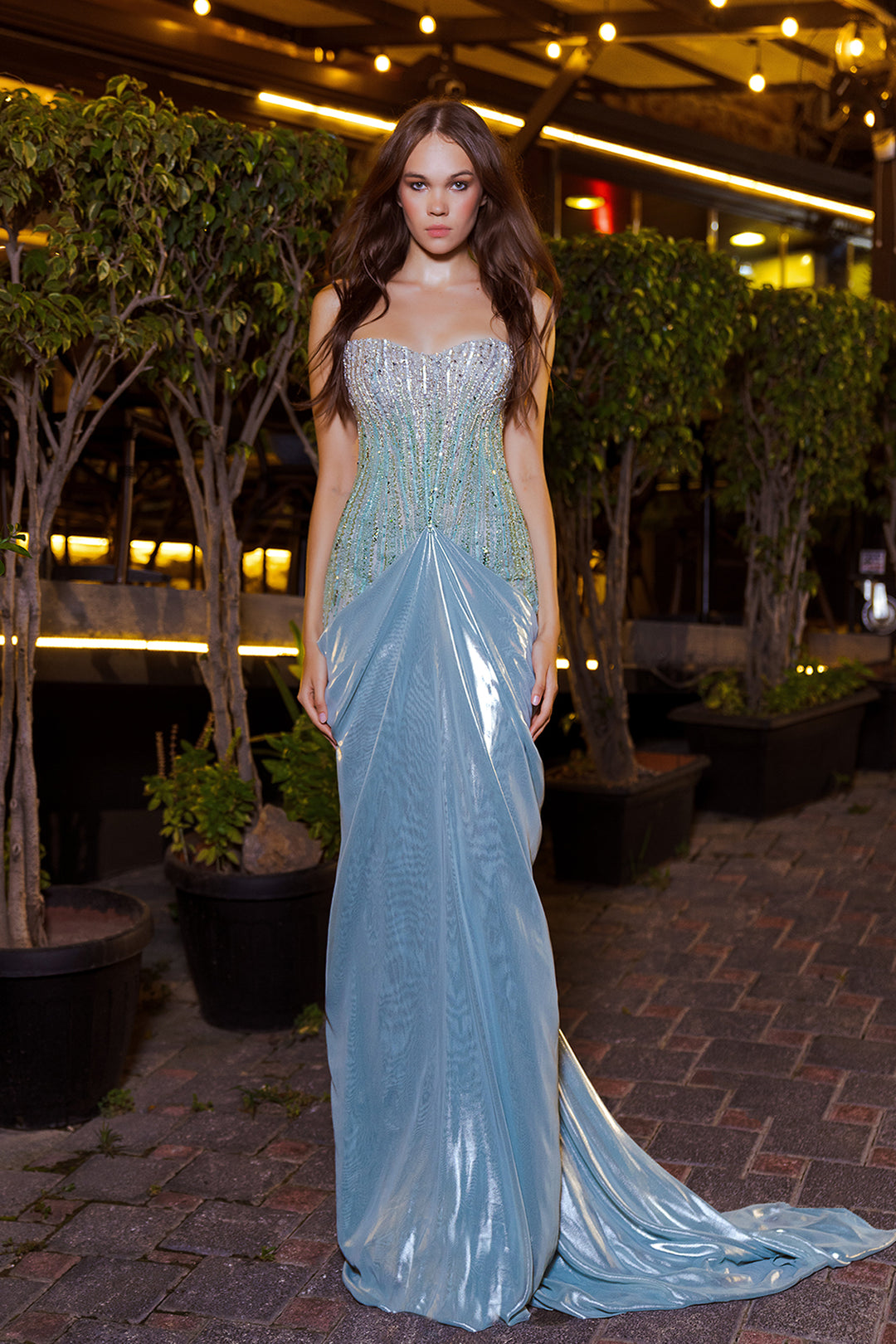 Beaded Column Dress with Slit Aqua / FR 40 Beaded Column Dress with Slit Aqua / FR 40