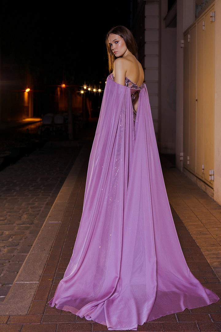 Off-The-Shoulder Neckline Beaded Cape Dress