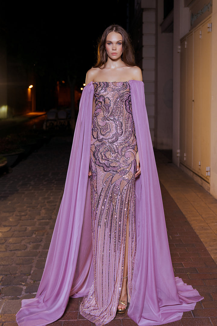 Off-The-Shoulder Neckline Beaded Cape Dress