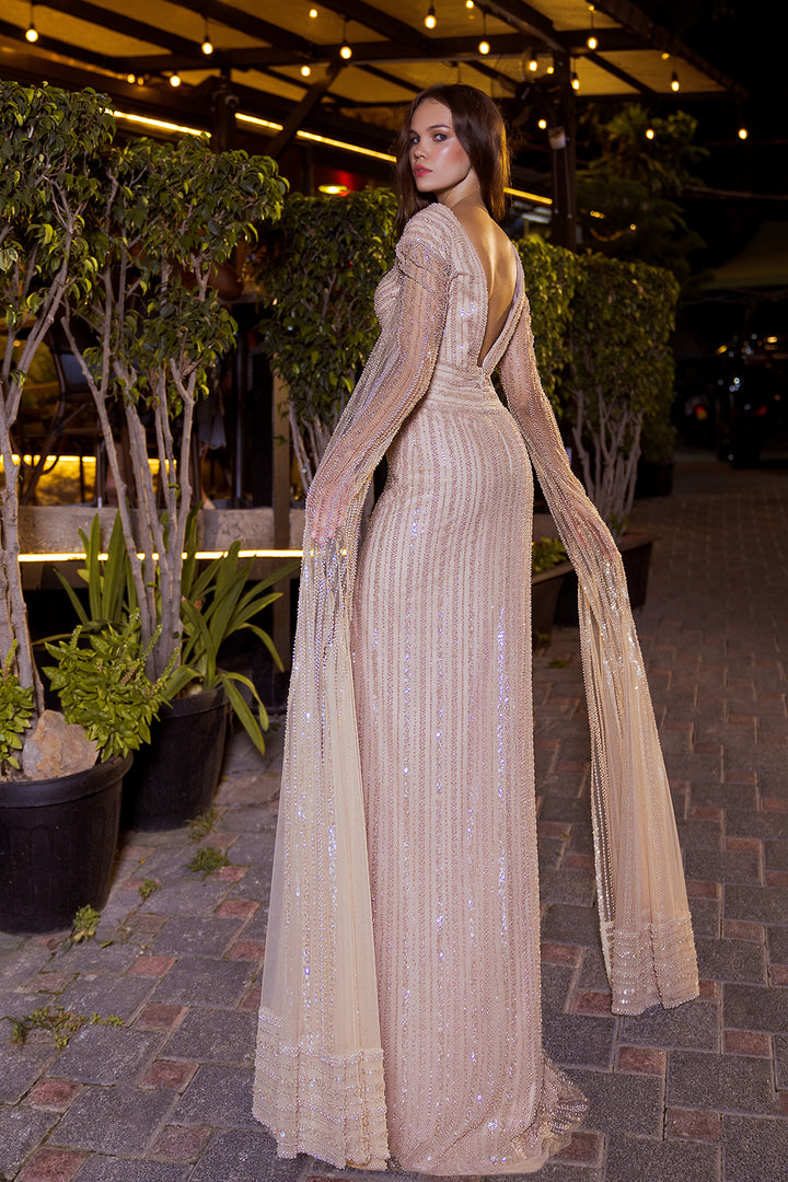 Architectural Beaded Cape-Sleeve Dress