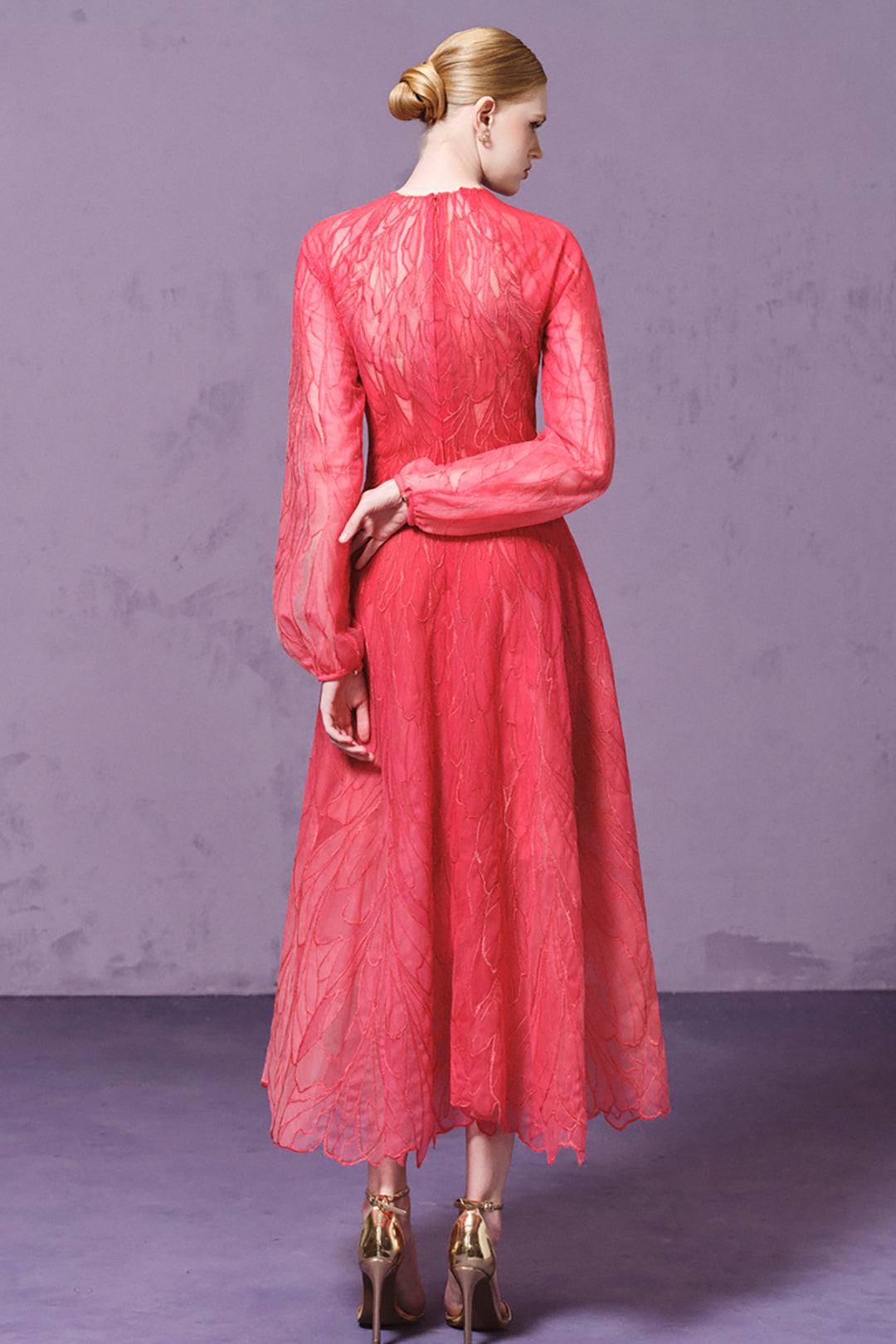Puff-Sleeve with Dragonfly Embroidered and Tulle Midi Dress
