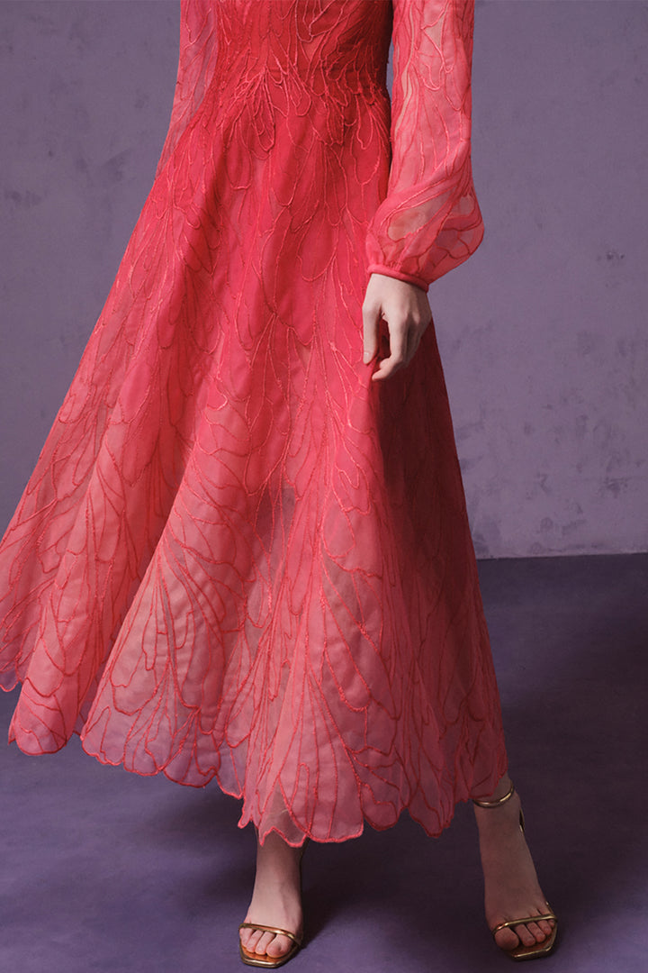 Puff-Sleeve with Dragonfly Embroidered and Tulle Midi Dress