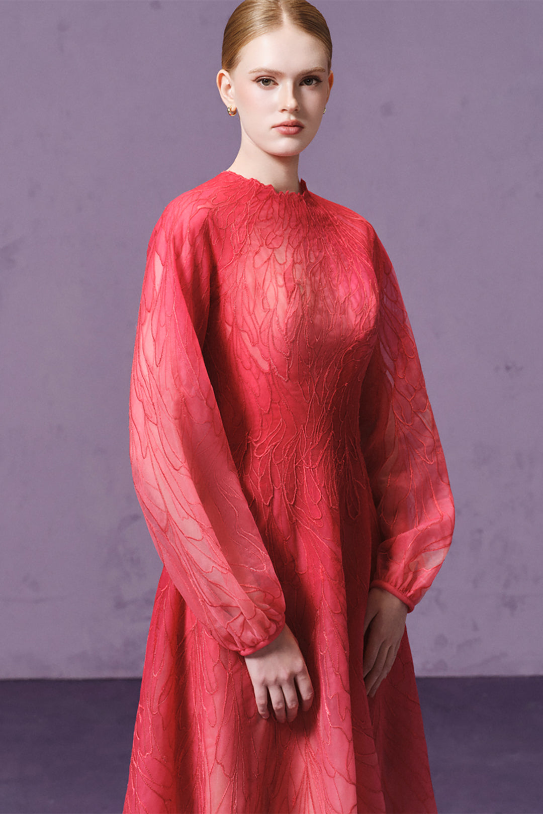 Puff-Sleeve with Dragonfly Embroidered and Tulle Midi Dress