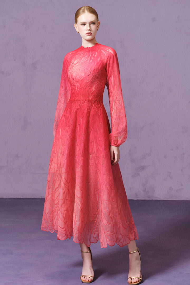 Puff-Sleeve with Dragonfly Embroidered and Tulle Midi Dress