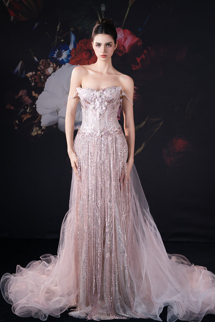 Sleeveless Beaded Column Dress with Overskirt