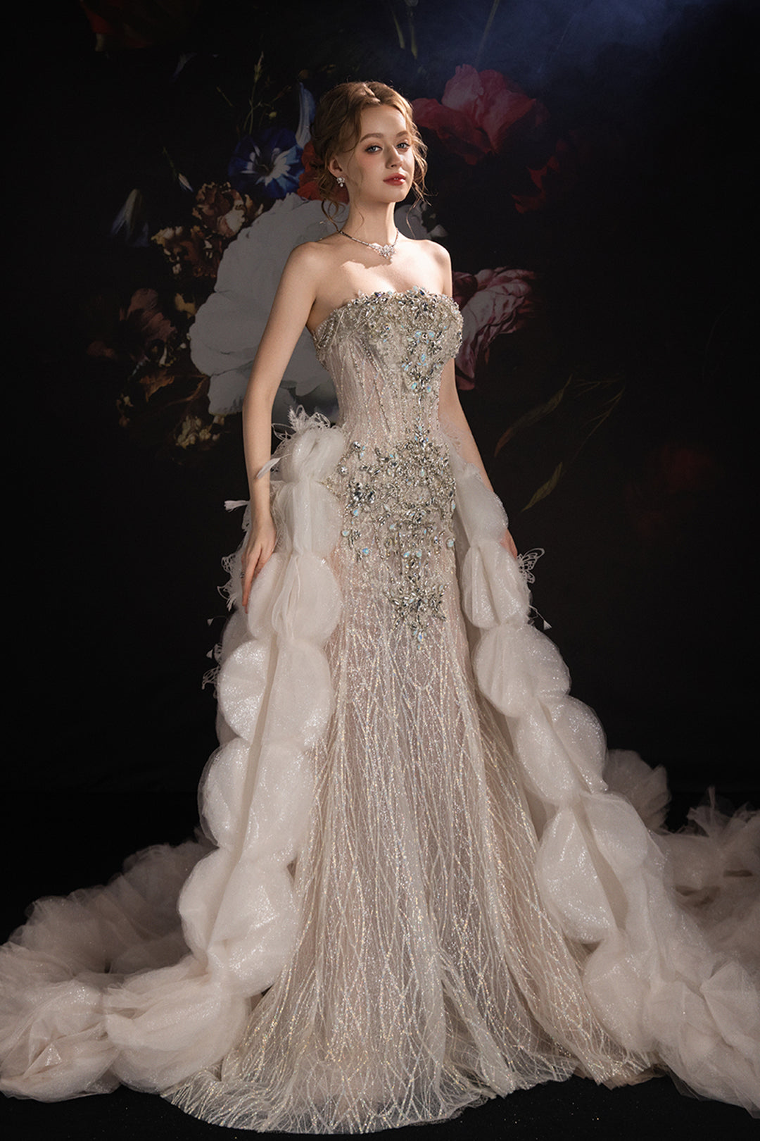 A-Line Dress with Beaded Bodice Layered Tulle
