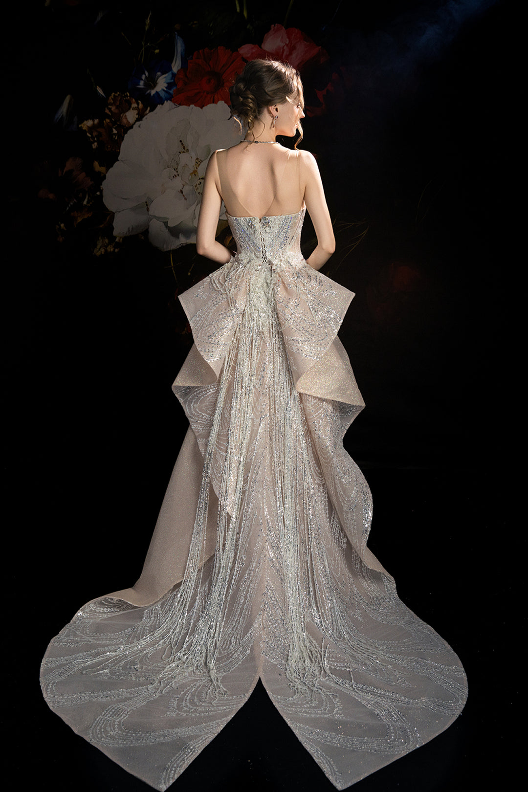 Beaded Bodice and 3D Appliqus Dress Silver / FR 36 Beaded Bodice and 3D Appliqus Dress Silver / FR 36
