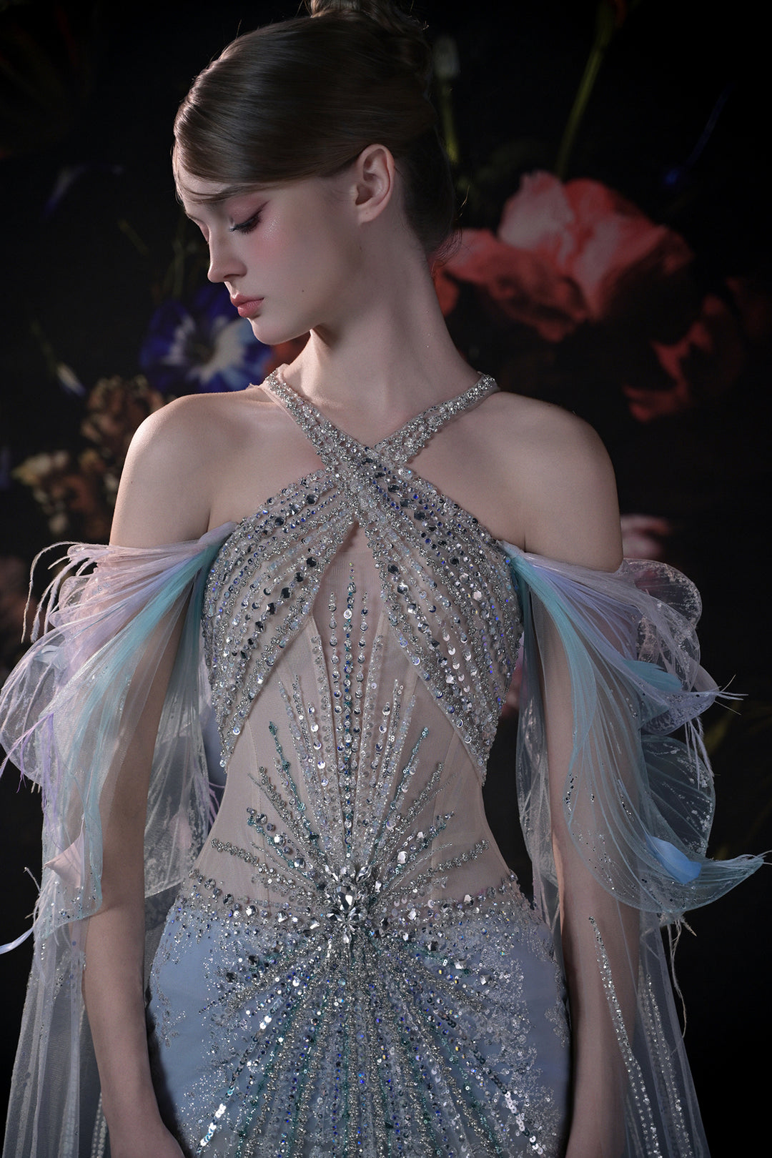 Column Dress with 3D Floral Appliqués