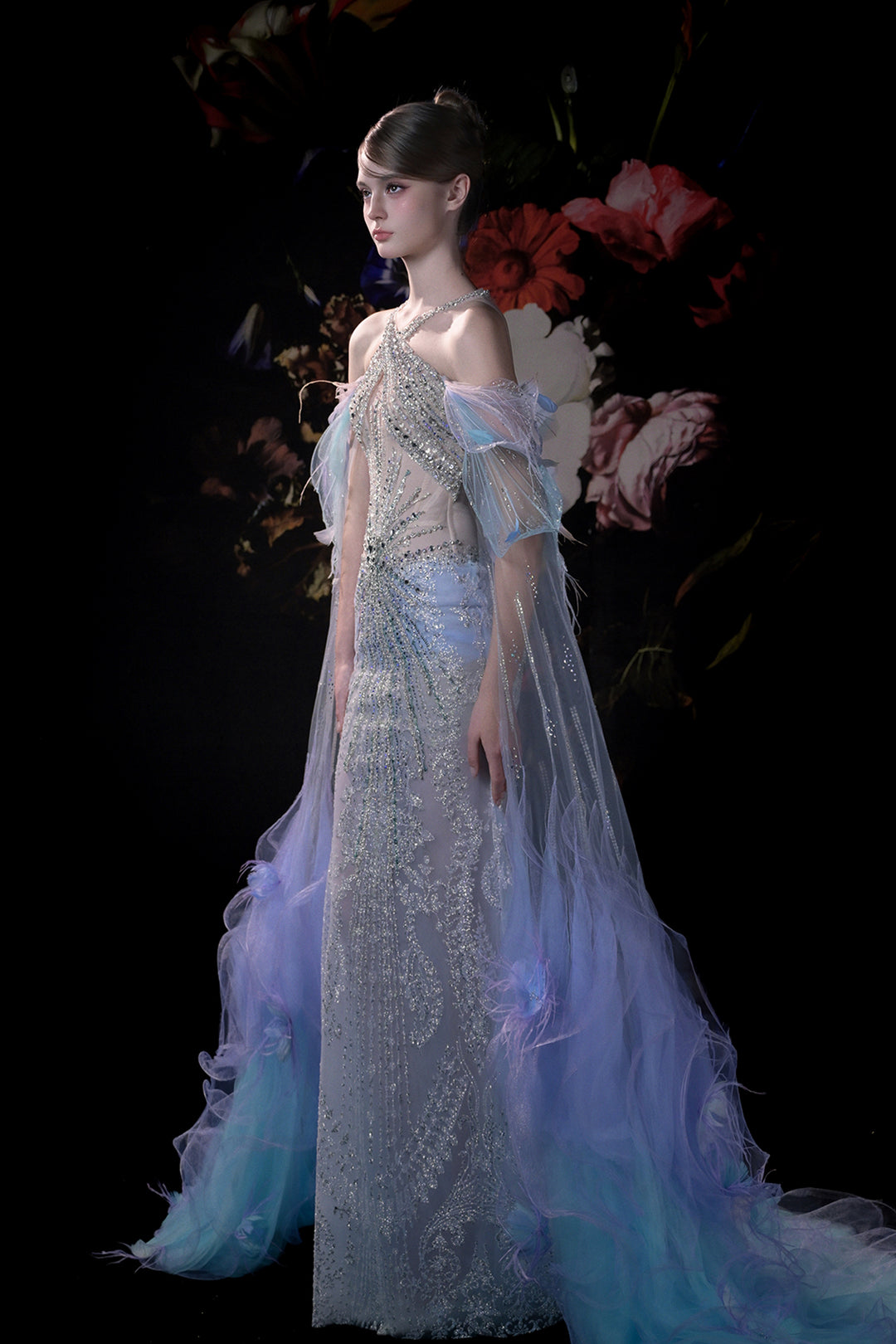 Column Dress with 3D Floral Appliqués