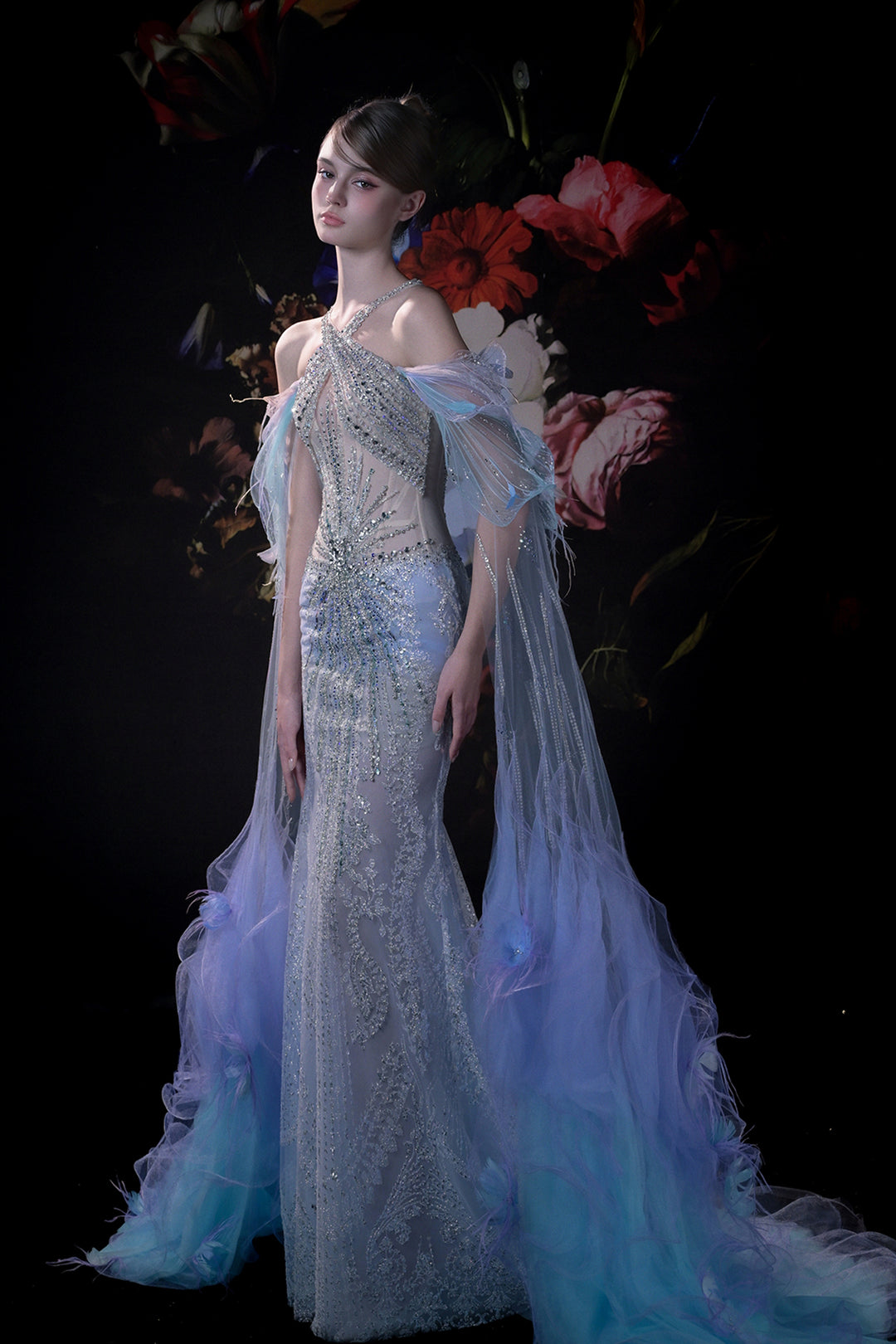 Column Dress with 3D Floral Appliqués