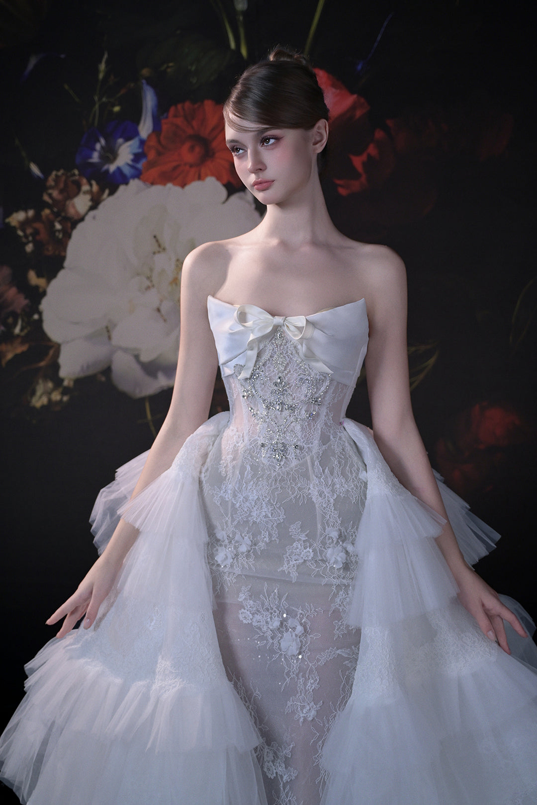 A-Line Long Dress with 3D Floral Appliqués