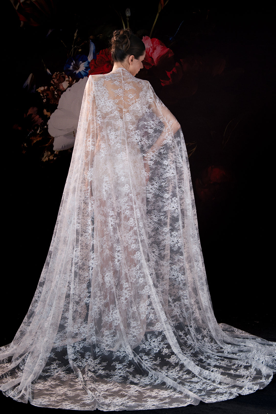 Lace Cape Dress with Deep V-Neckline Ivory / FR 38 Lace Cape Dress with Deep V-Neckline Ivory / FR 38