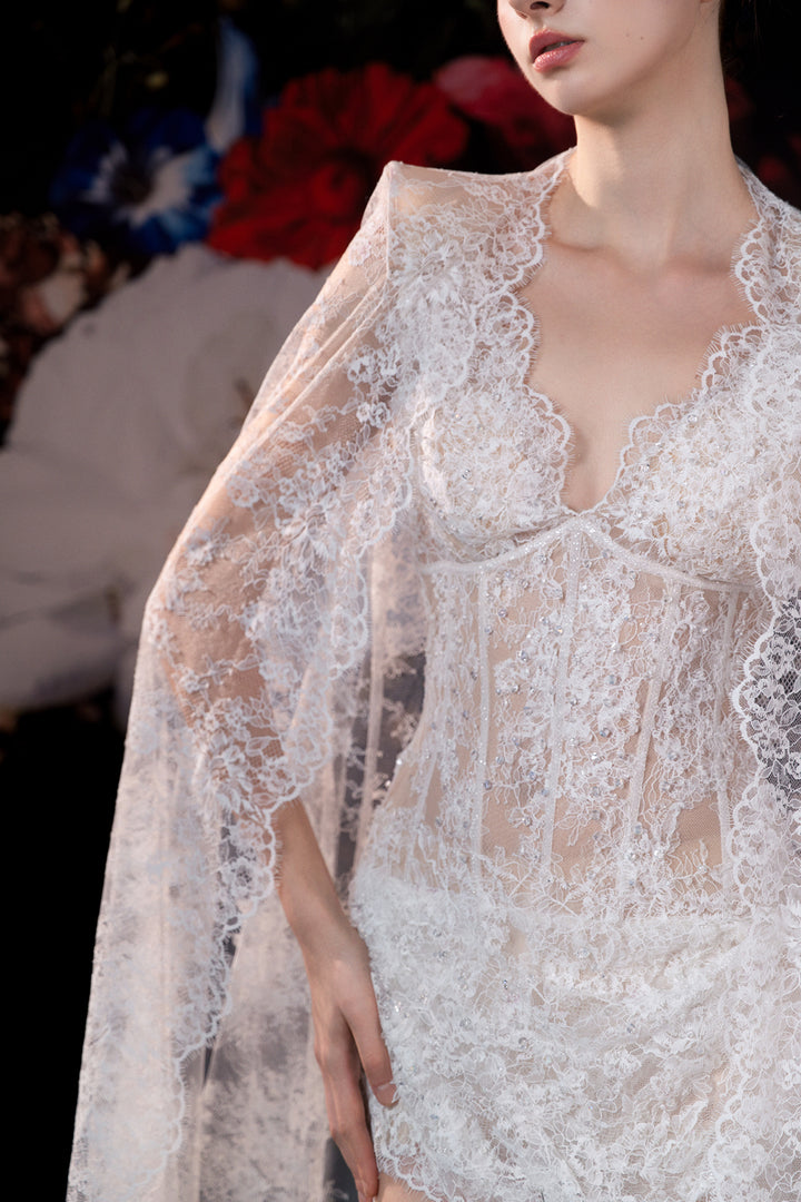 Lace Cape Dress with Deep V-Neckline