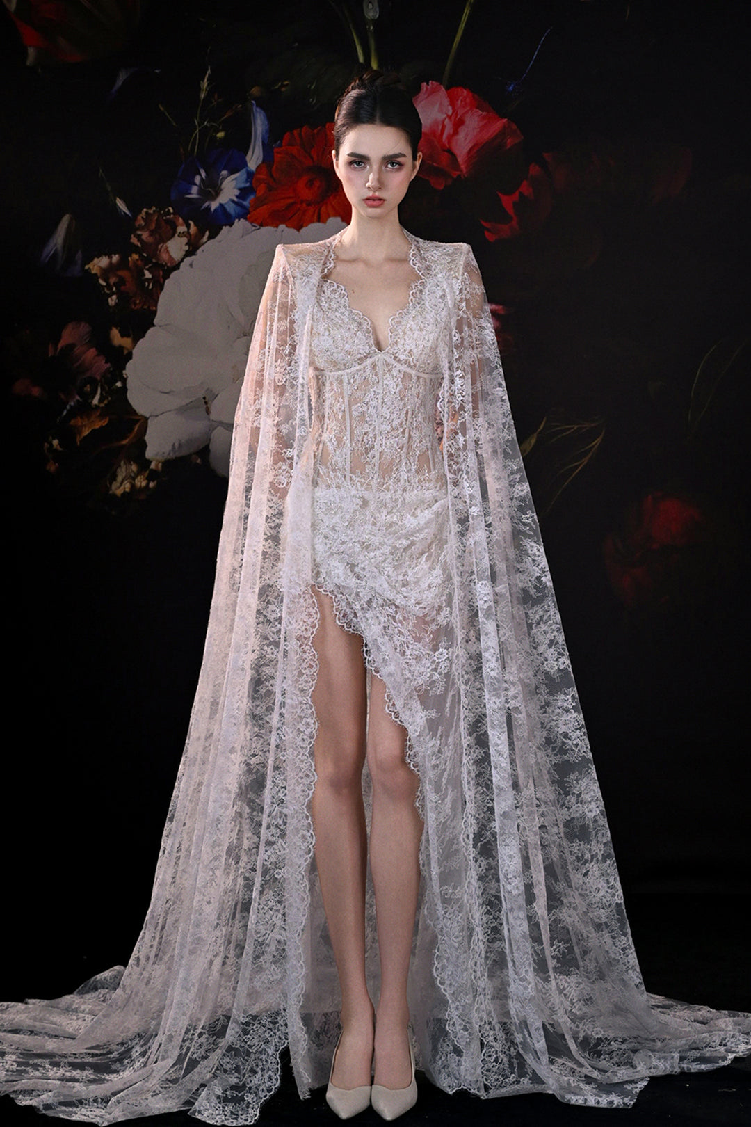 Lace Cape Dress with Deep V-Neckline