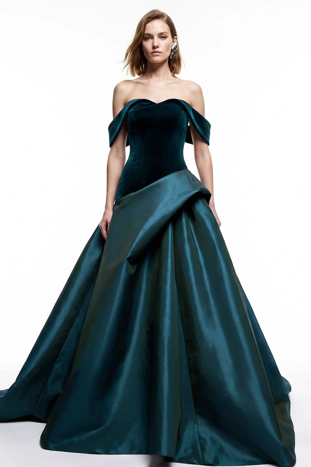 Velvet Off-The-Shoulder with Crystal Floral A-Line Dress