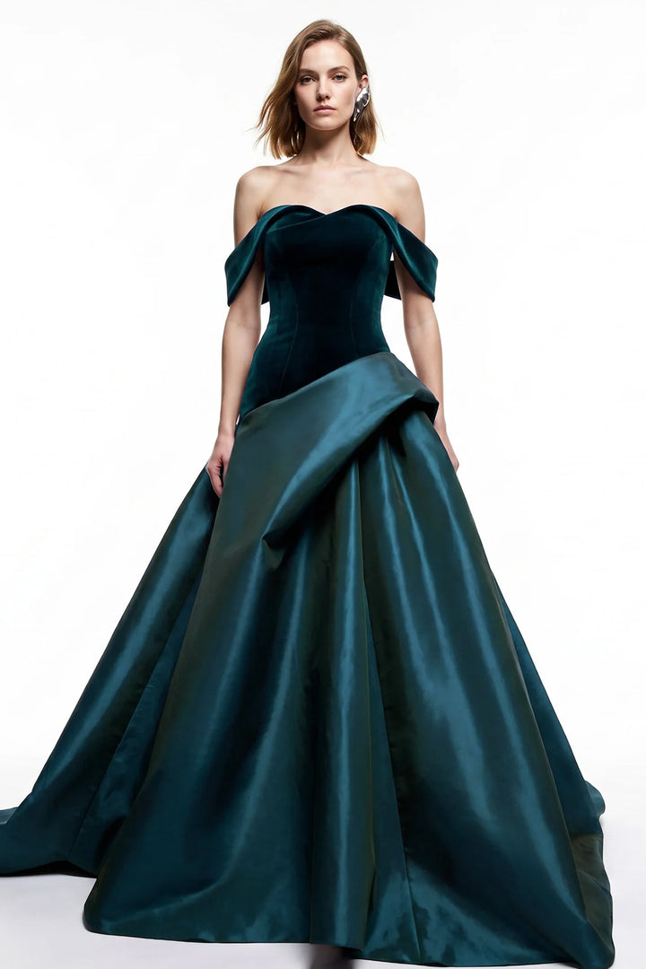 Velvet Off-The-Shoulder with Crystal Floral A-Line Dress