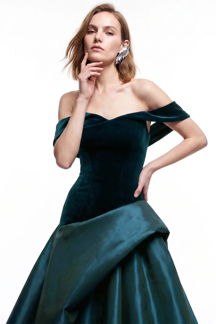 Velvet Off-The-Shoulder with Crystal Floral A-Line Dress