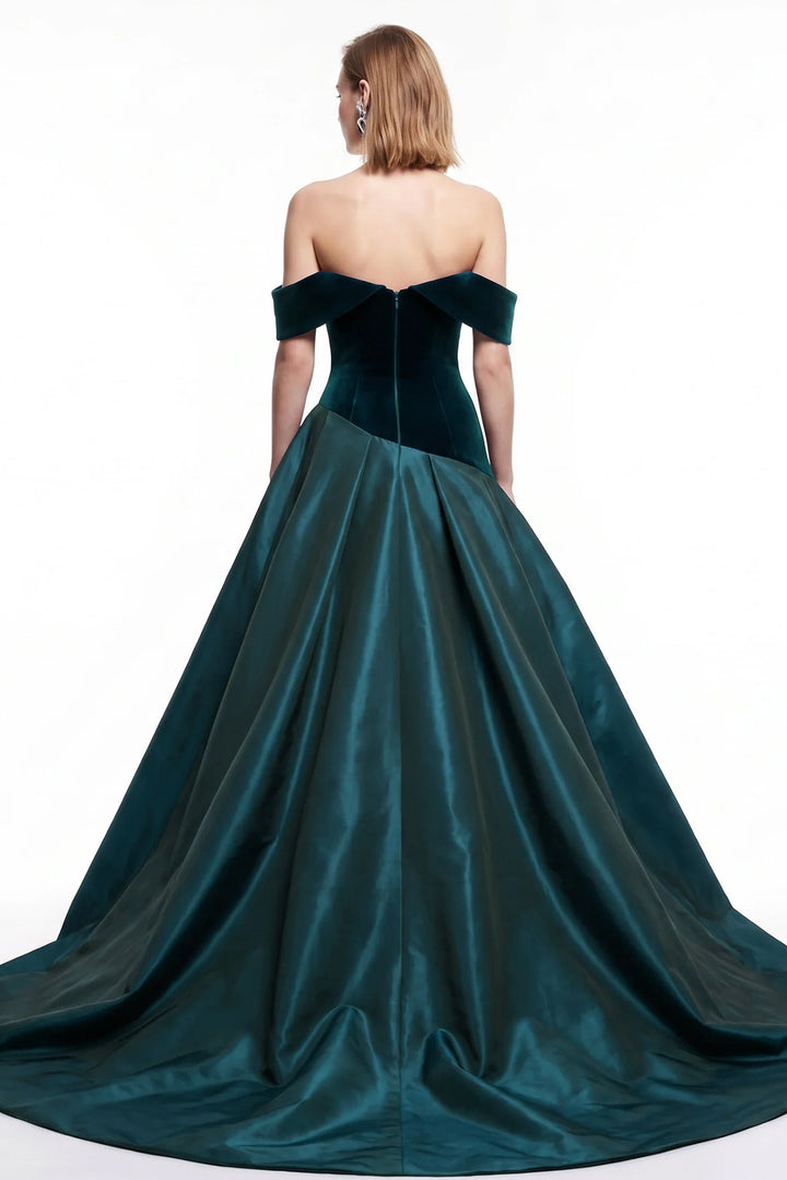 Velvet Off-The-Shoulder with Crystal Floral A-Line Dress