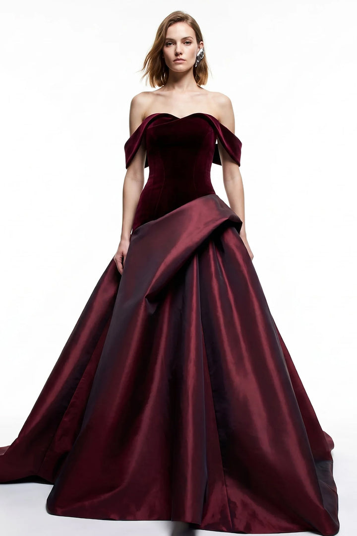 Velvet Off-The-Shoulder with Crystal Floral A-Line Dress