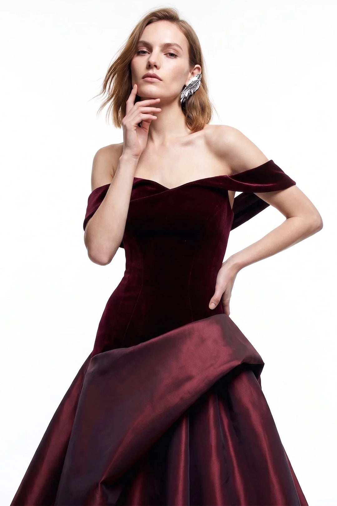 Velvet Off-The-Shoulder with Crystal Floral A-Line Dress