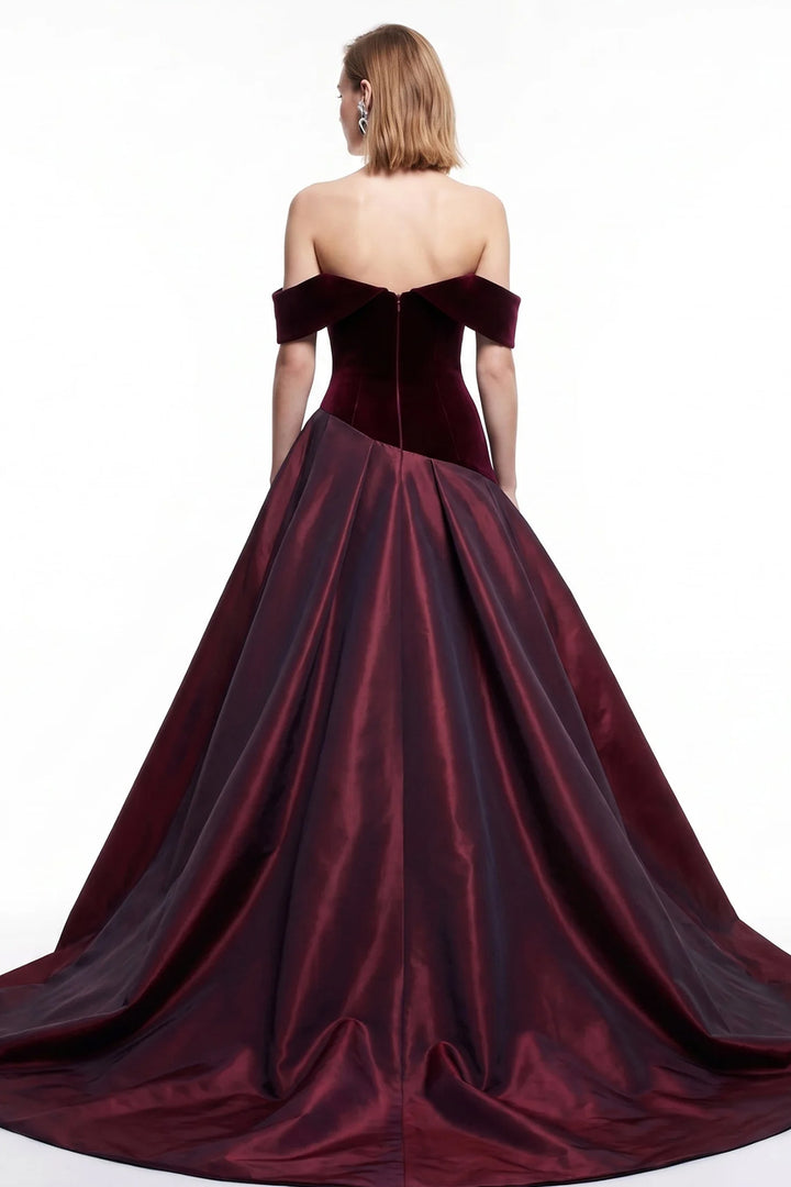 Velvet Off-The-Shoulder with Crystal Floral A-Line Dress