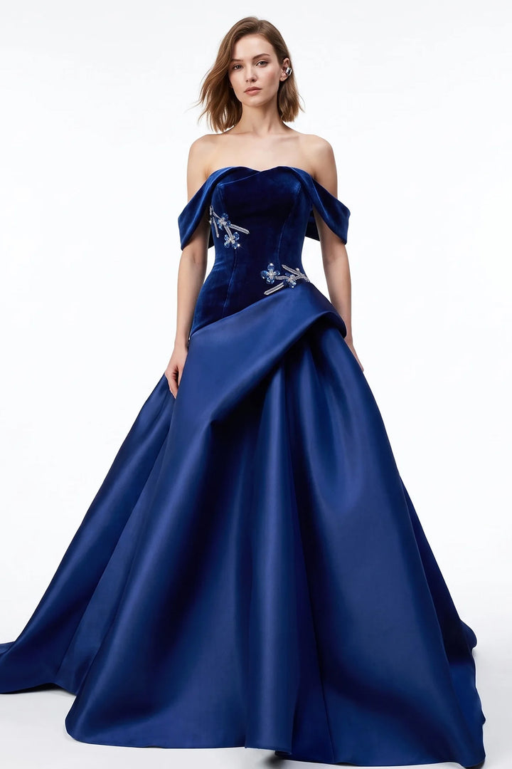 Velvet Off-The-Shoulder with Crystal Floral A-Line Dress