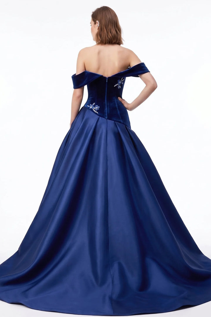 Velvet Off-The-Shoulder with Crystal Floral A-Line Dress