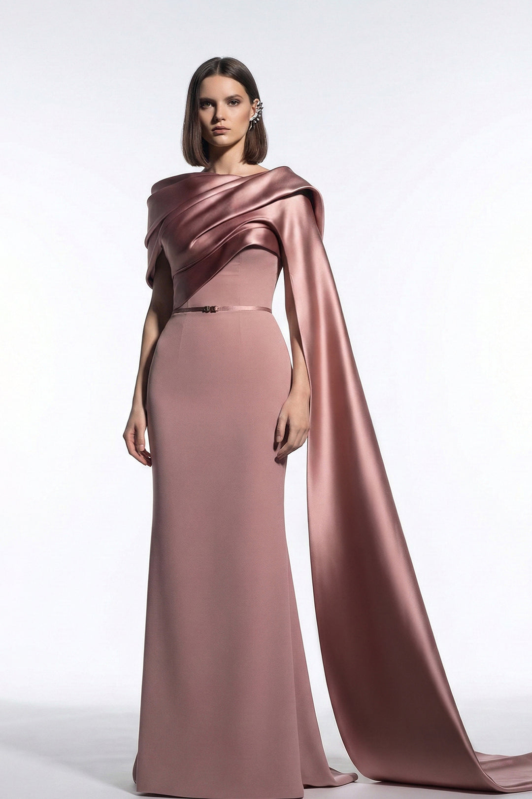 Asymmetric Off-The-Shoulder Crepe Dress with Layered Draping