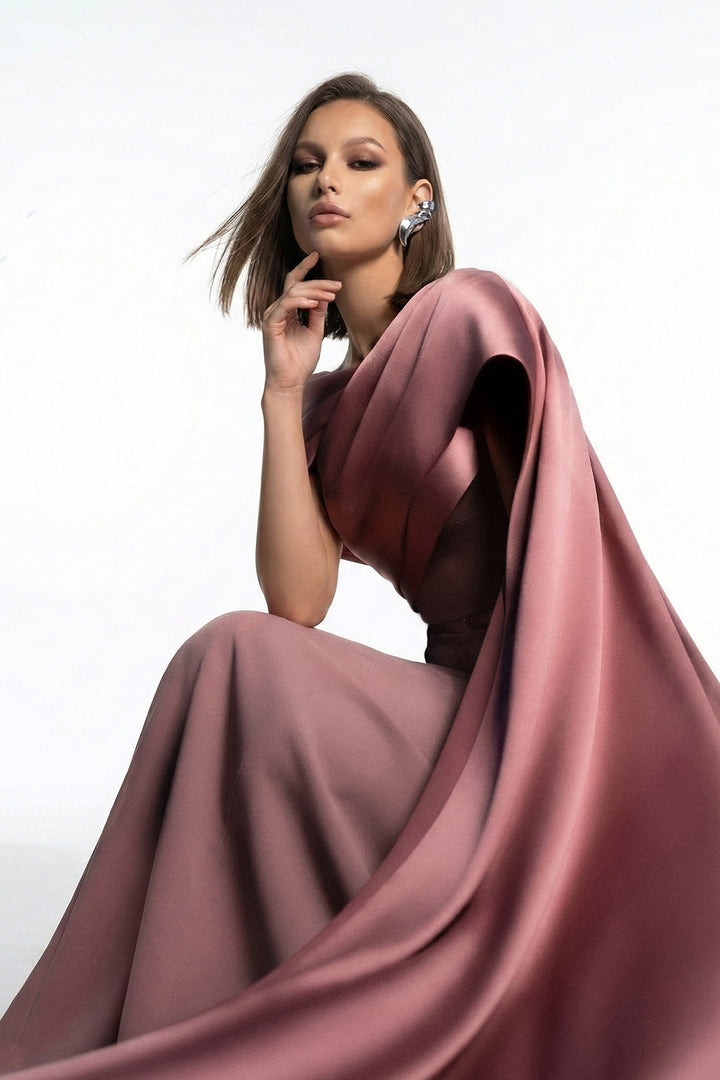 Asymmetric Off-The-Shoulder Crepe Dress with Layered Draping