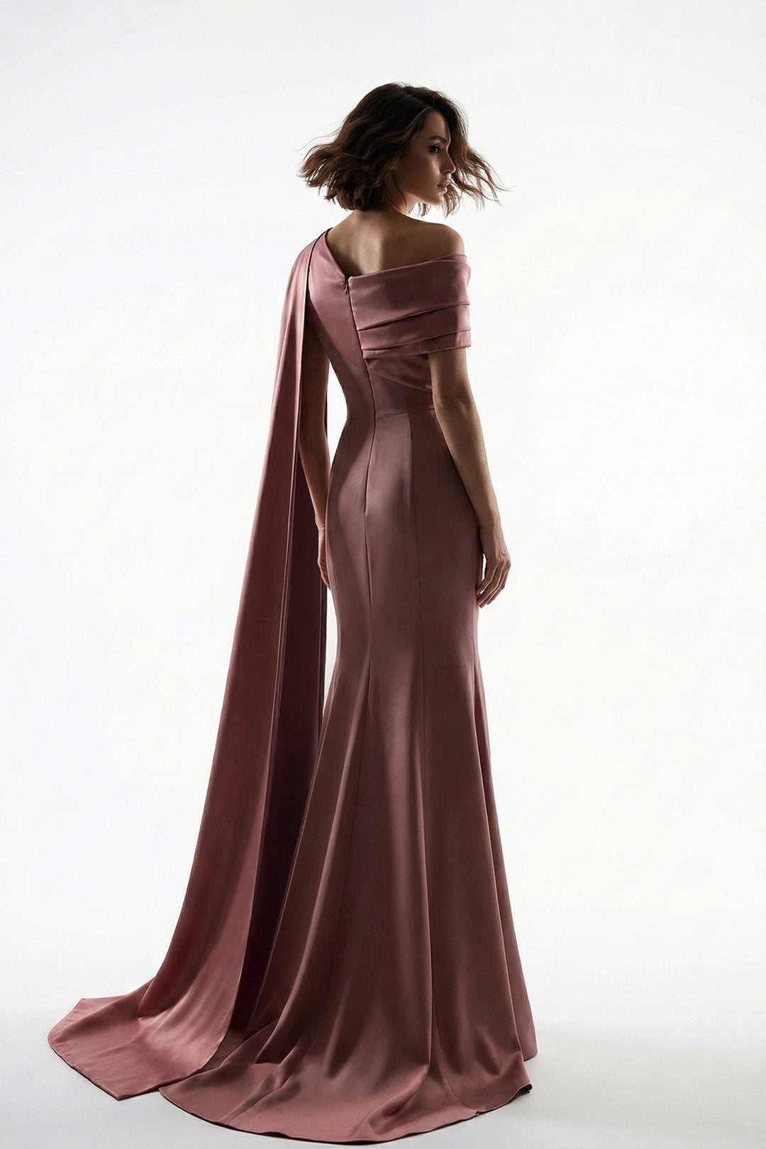 Asymmetric Off-The-Shoulder Crepe Dress with Layered Draping