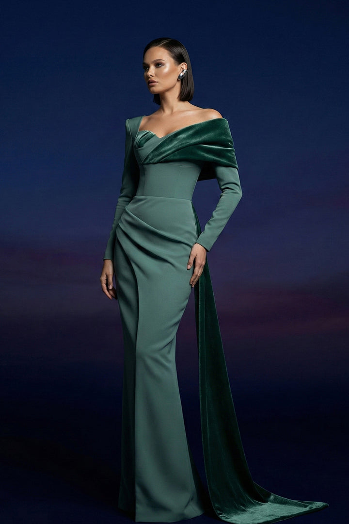 Velvet Detail Crepe Dress with Asymmetric Neckline