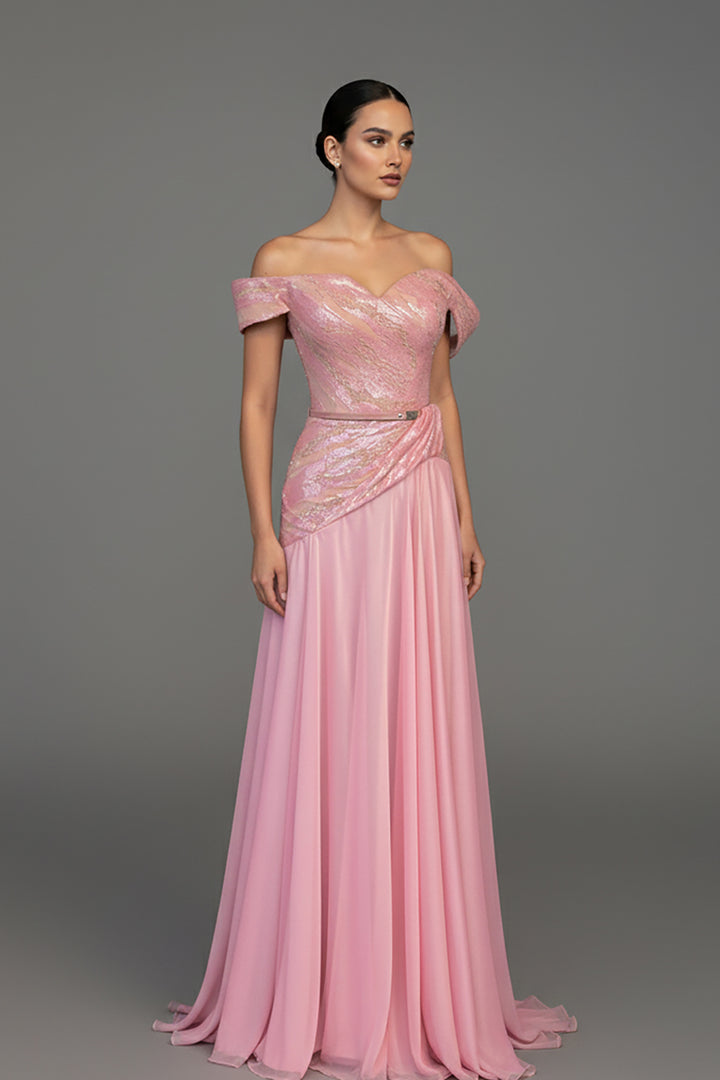 Sequin-Embroidered Tulle Dress with Satin Belt