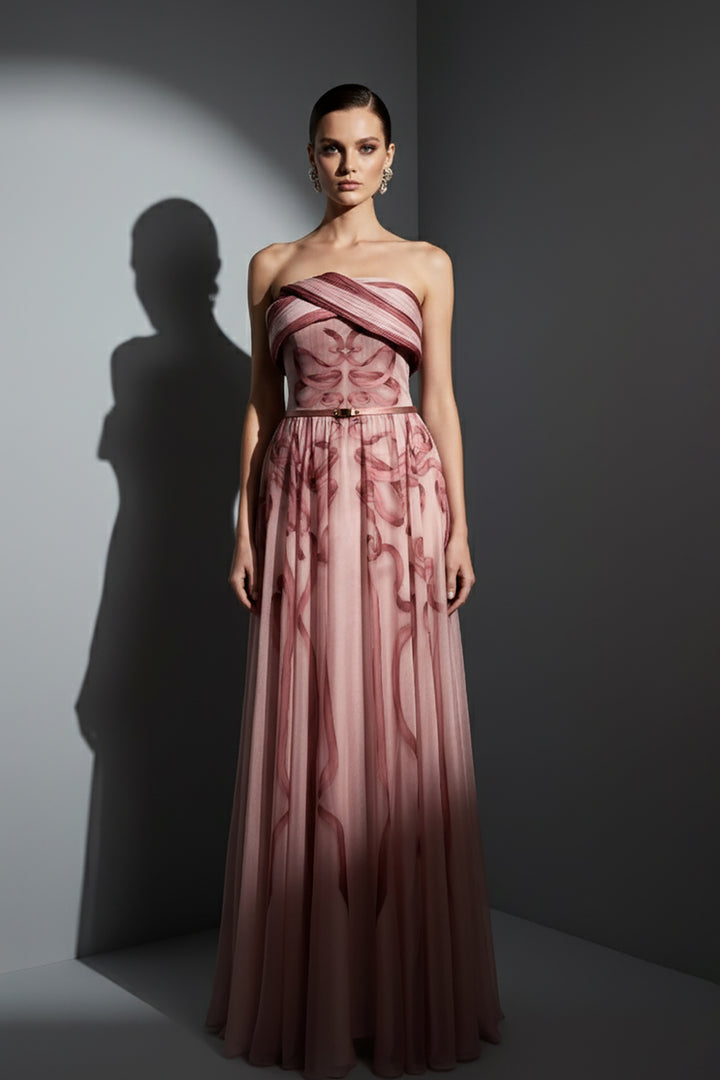 Slim-Belt Crepe Dress with Wave Ribbon Print and Flowing Chiffon