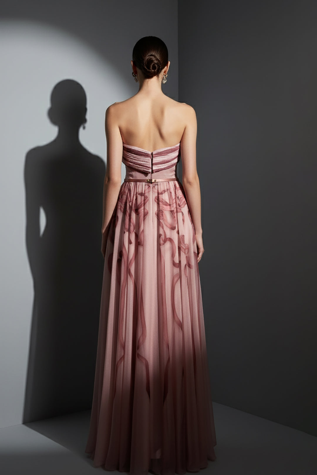 Slim-Belt Crepe Dress with Wave Ribbon Print and Flowing Chiffon