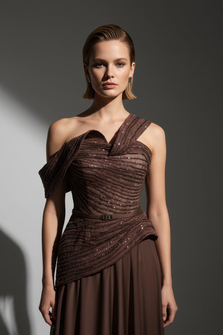 Sequin Bodice Dress with Draped Skirt